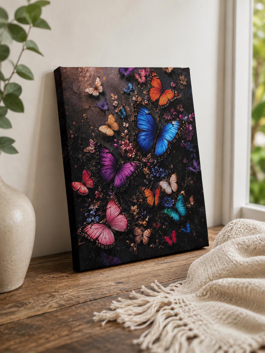 Colorful Butterfly Canvas Print Canvas Print — shown on a rustic wall