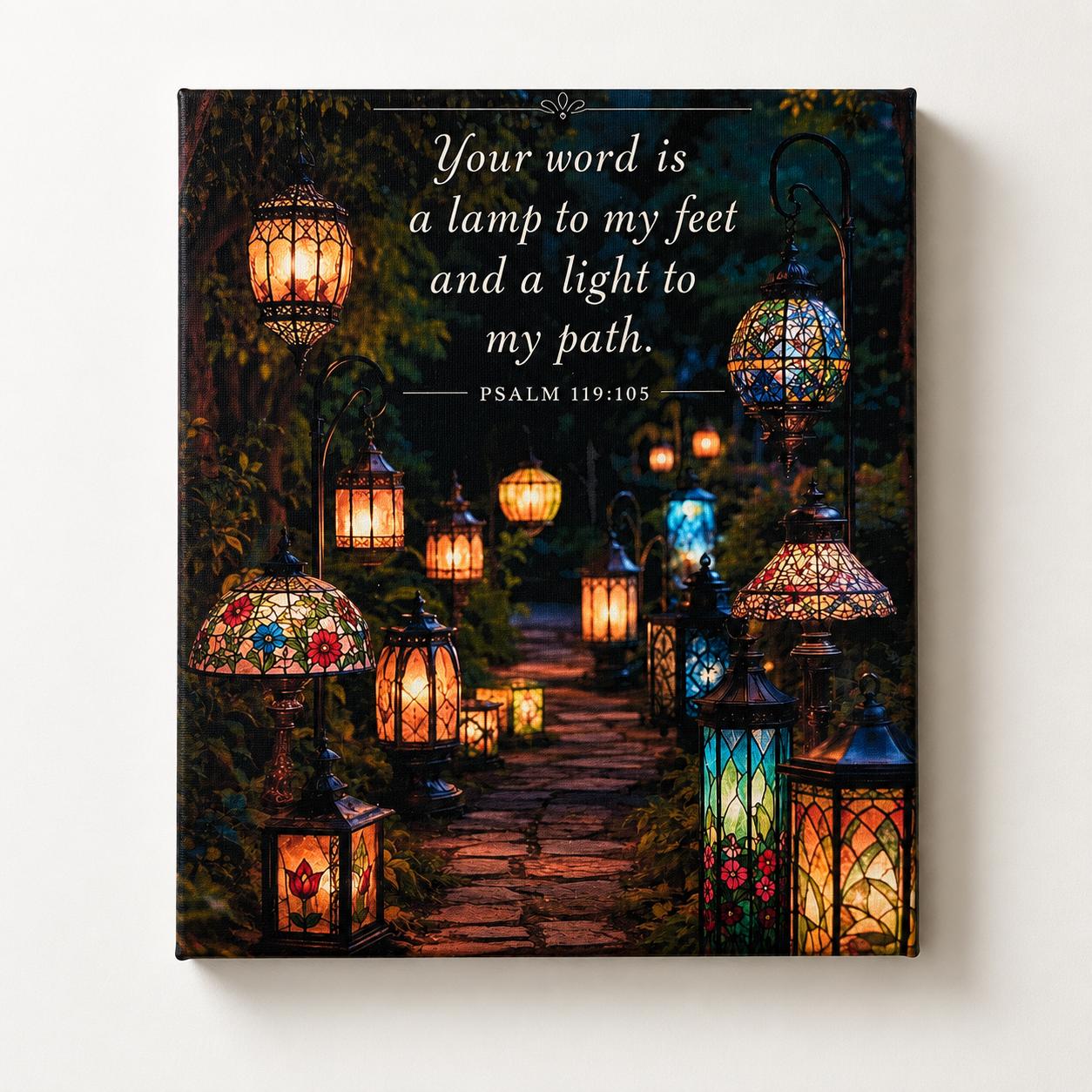 Psalm 119:105 Canvas Print Canvas Print — shown on a rustic wall