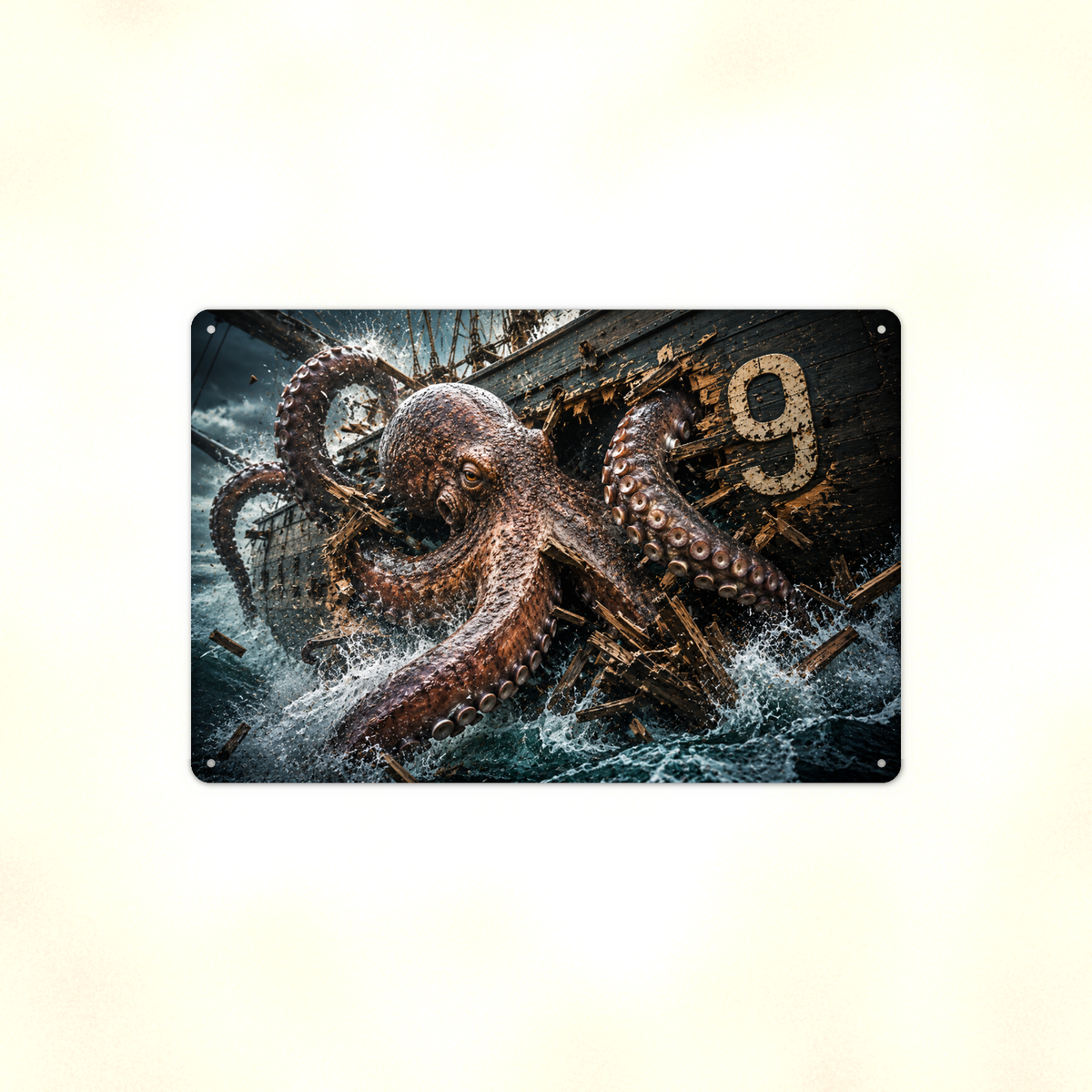 Kraken Ship Attack Metal Sign aluminum sign - view 01
