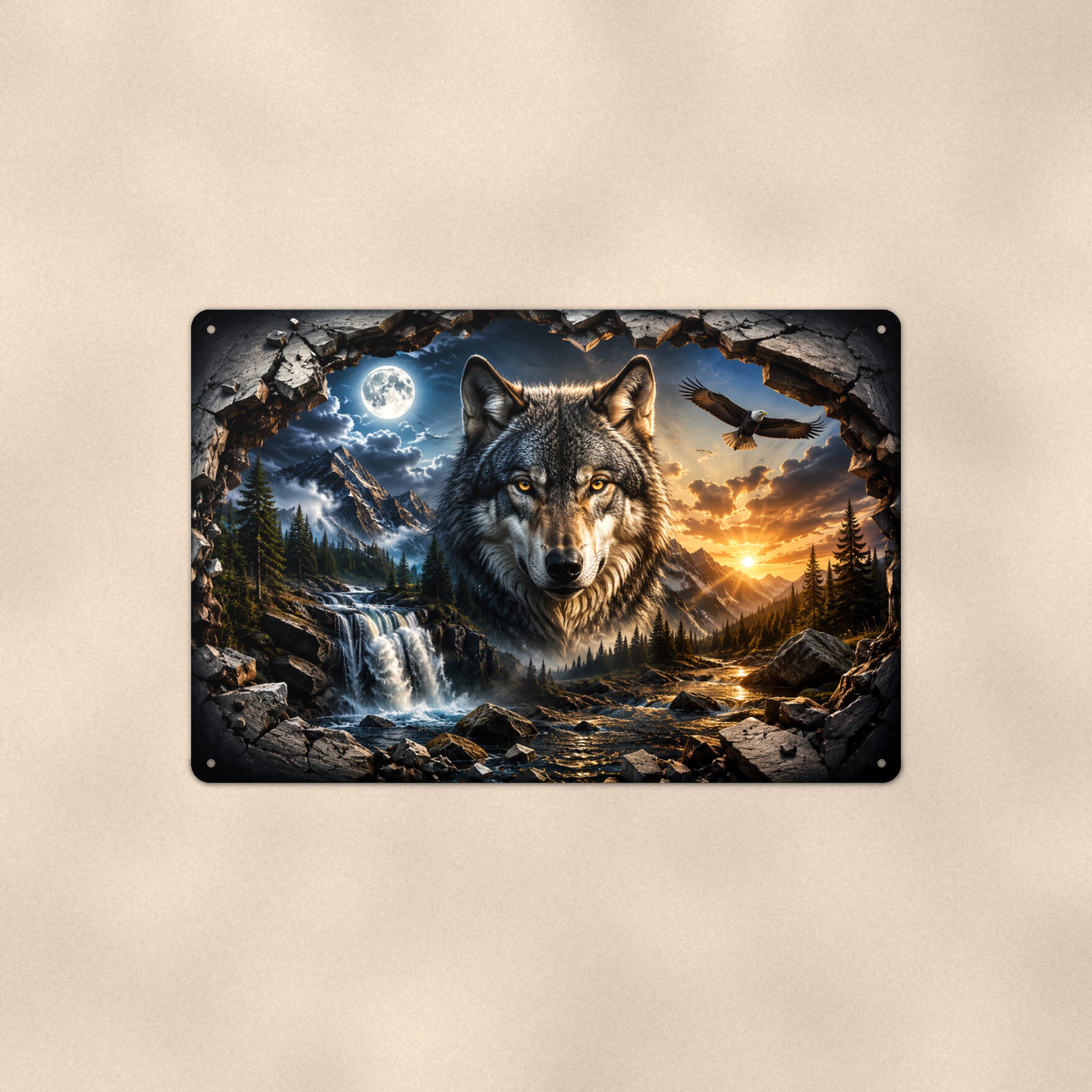 Wolf Mountain Metal Wall Art, 3D Breakthrough Aluminum Sign, Wildlife Cabin Decor Gift