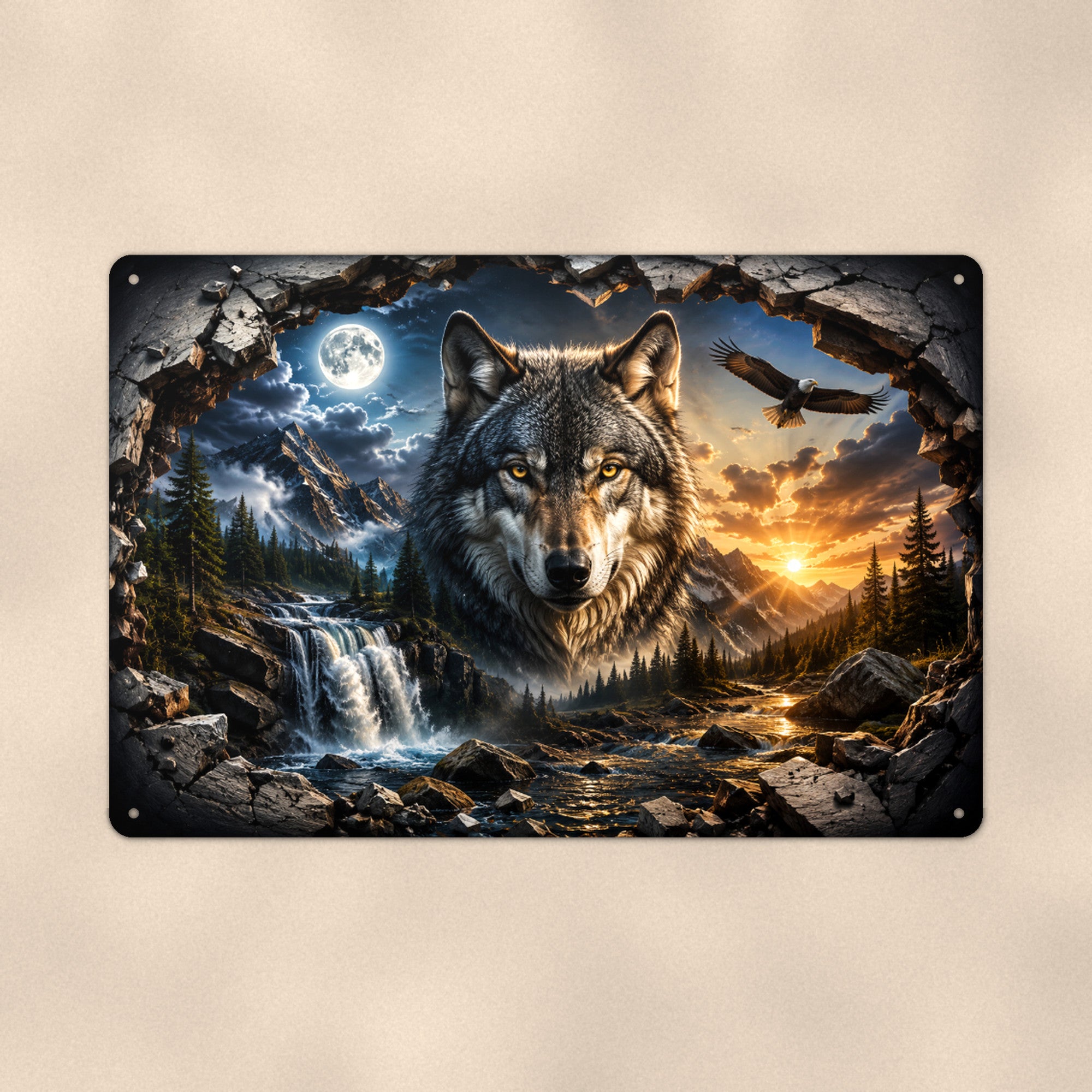 Wolf Mountain Metal Wall Art, 3D Breakthrough Aluminum Sign, Wildlife Cabin Decor Gift