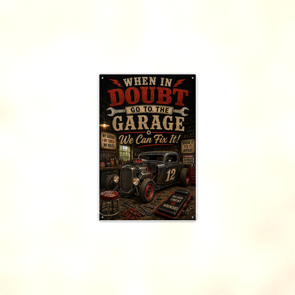 When In Doubt Go To The Garage - Funny Metal Sign 8x12 & 12x18, Aluminum Shop Decor — Context view
