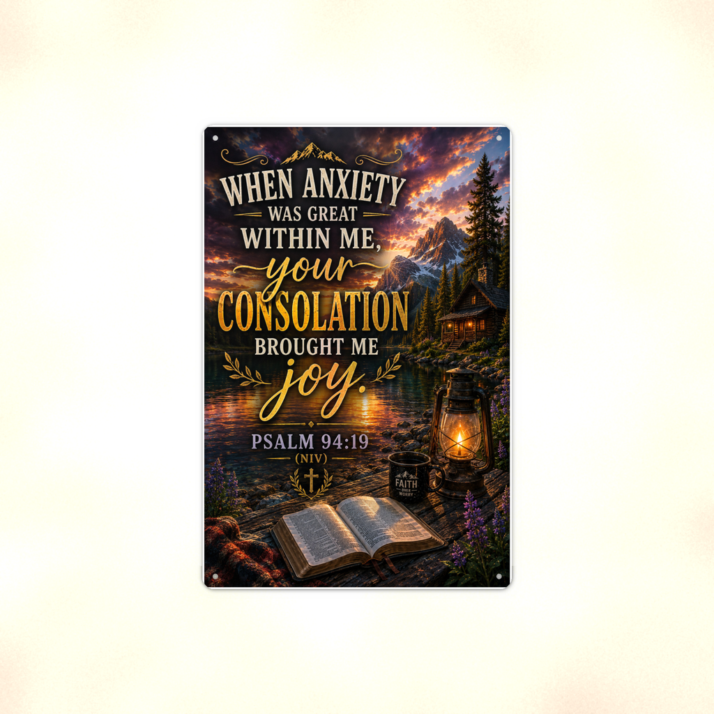 When Anxiety Was Great, Your Consolation Brought Joy - Psalm 94:19, Christian Metal Sign 8x12 & 12x18 — Full product view