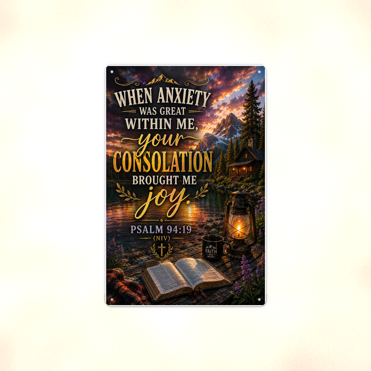 When Anxiety Was Great, Your Consolation Brought Joy - Psalm 94:19, Christian Metal Sign 8x12 & 12x18 — Full product view