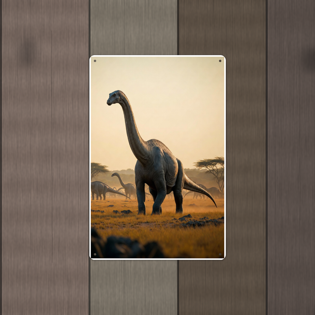 Long Neck Dinosaur Herd at Sunset - Metal Sign 8x12 & 12x18, Aluminum Decor — Alternate wall view