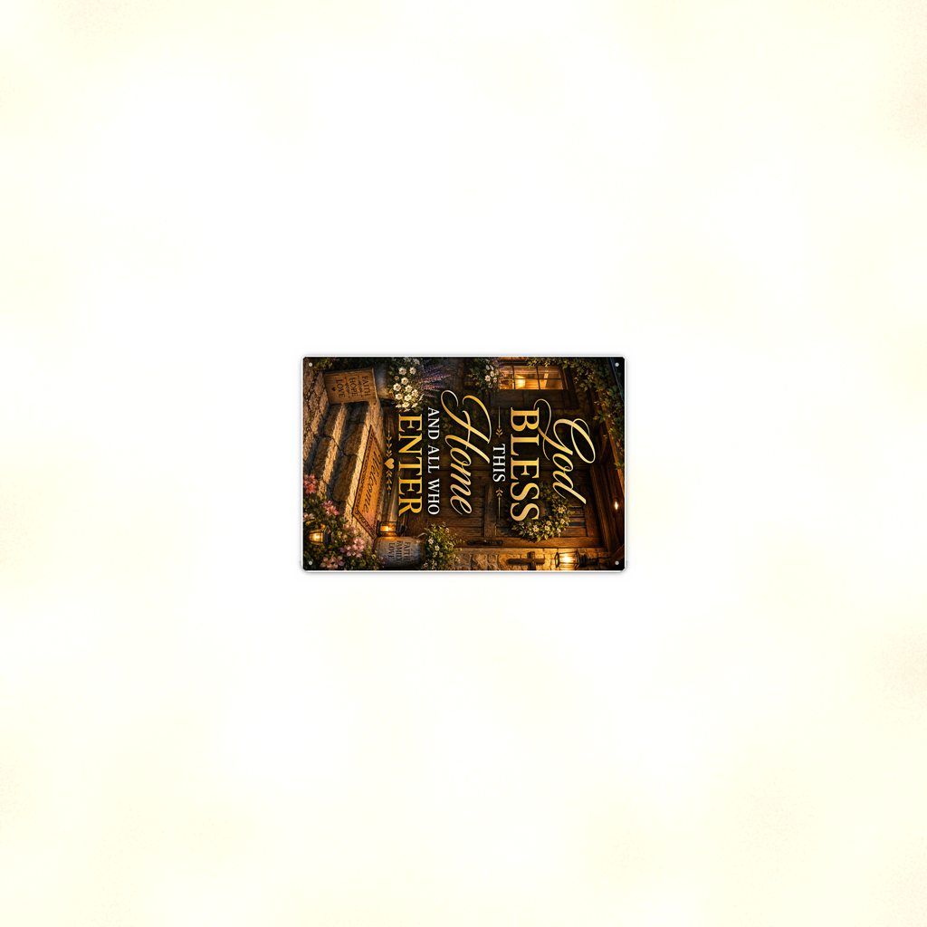 God Bless This Home And All Who Enter - Christian Metal Sign 8x12 & 12x18 — Room display