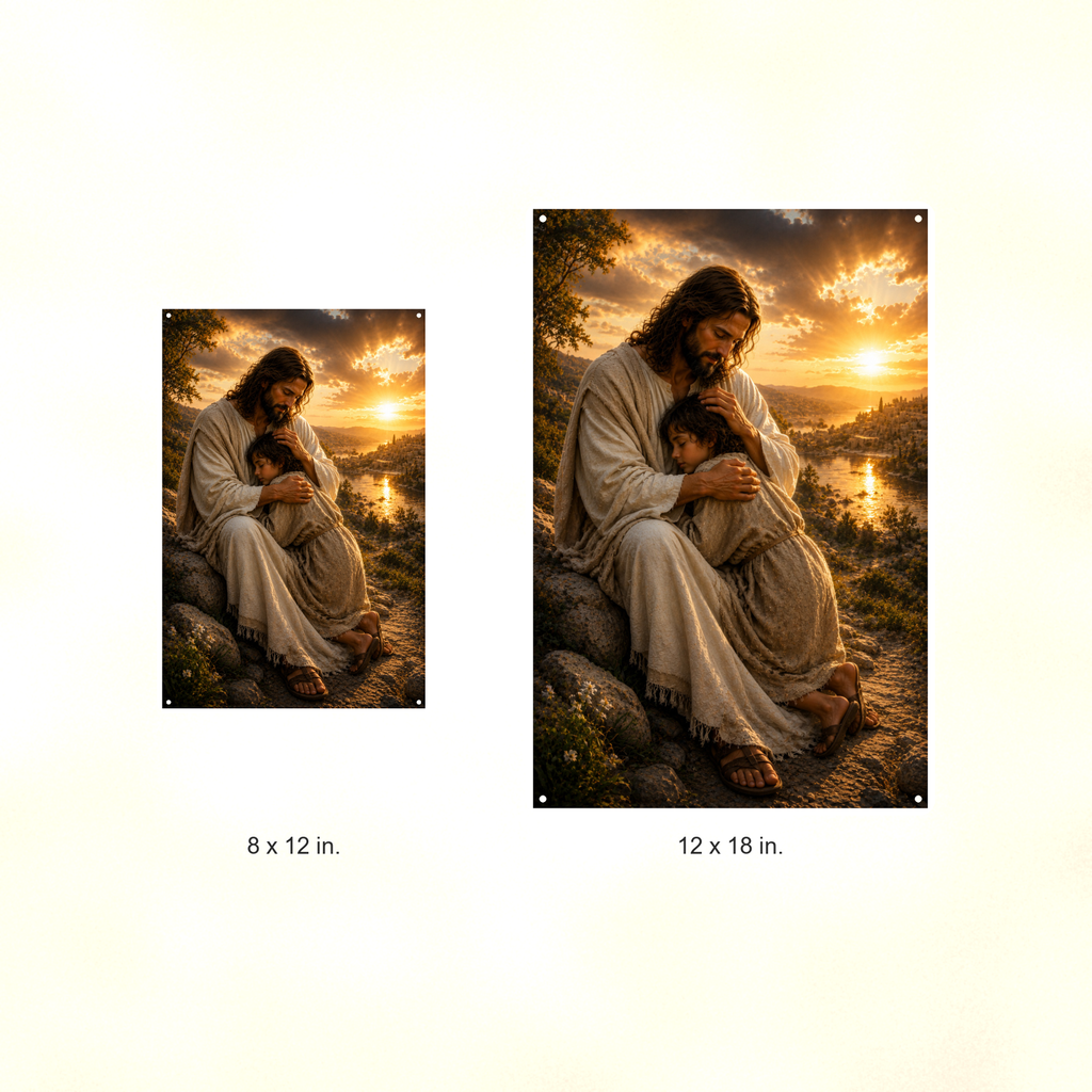 Jesus Comforting A Child - Christian Metal Sign 8x12 & 12x18 — Size options comparison