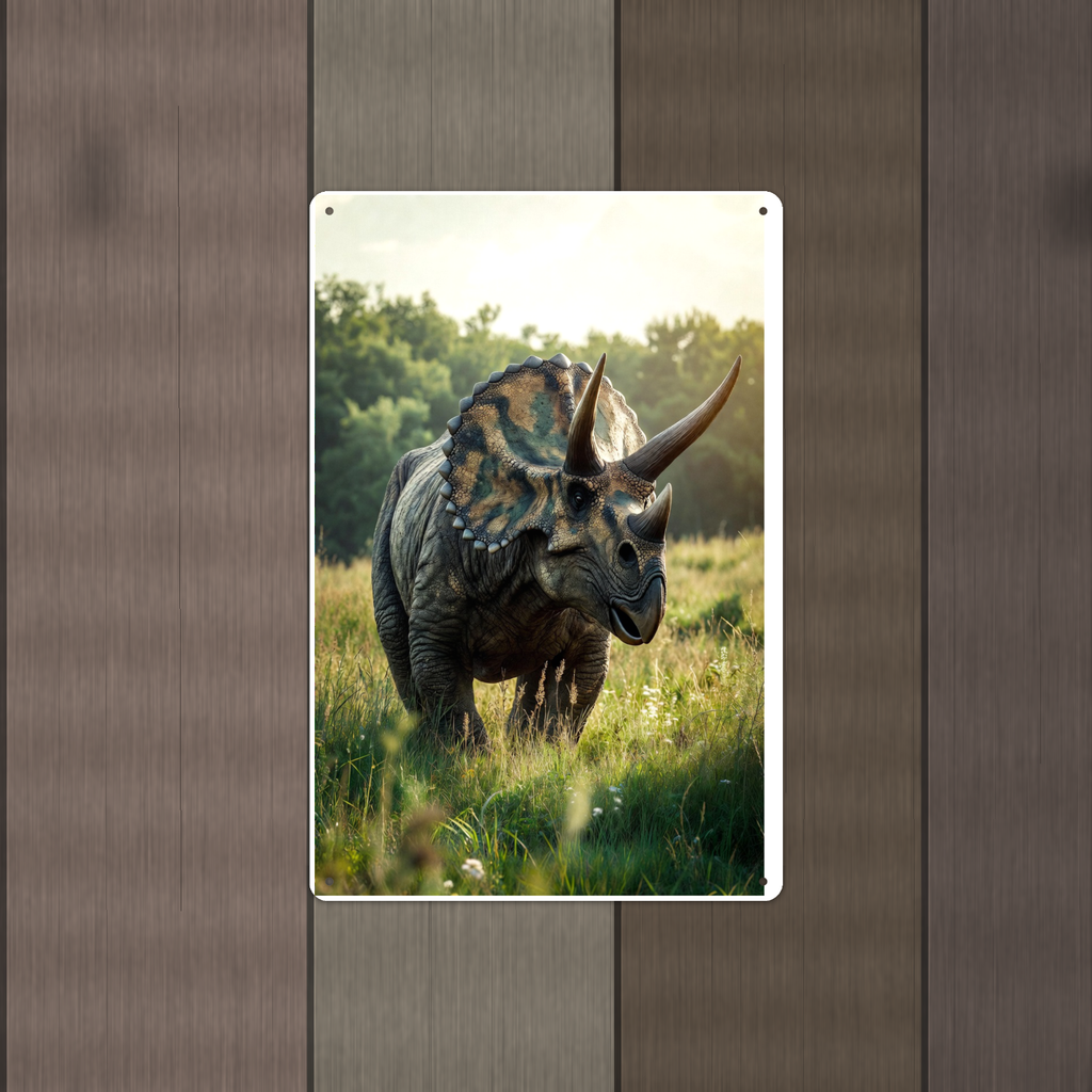 Triceratops Meadow Scene - Dinosaur Metal Sign 8x12 & 12x18, Aluminum Decor — Alternate wall view