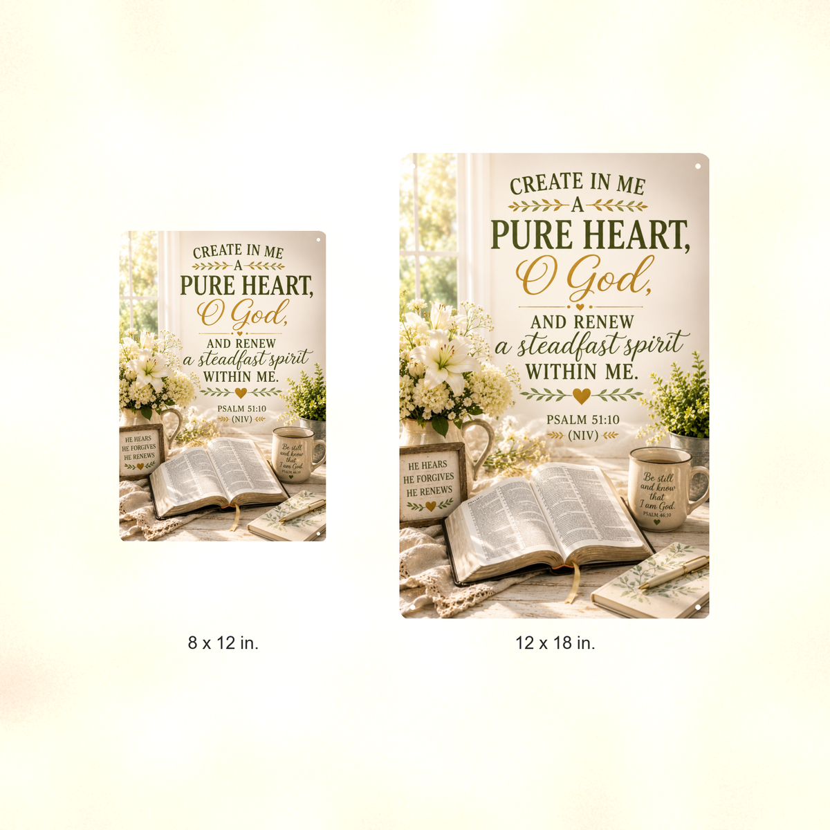 Create In Me A Pure Heart, O God - Psalm 51:10, Christian Metal Sign 8x12 & 12x18 — Size options comparison