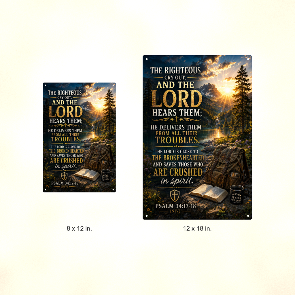 The Righteous Cry Out, And The Lord Hears Them - Psalm 34:17-18, Christian Metal Sign 8x12 & 12x18 — Size options comparison