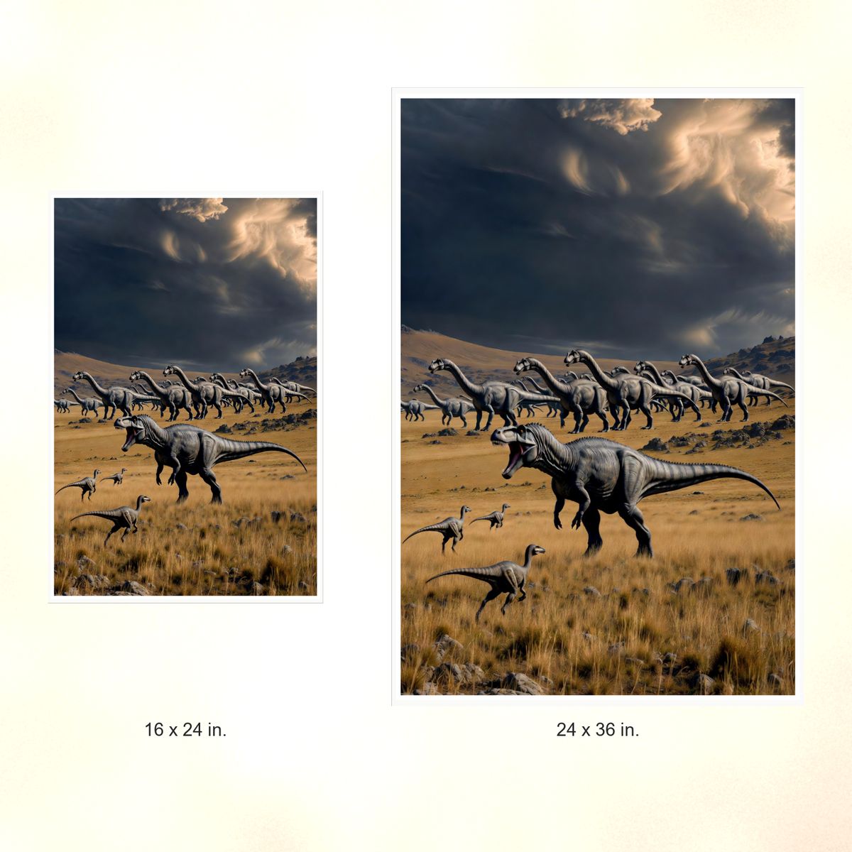 Poster size comparison: 16 x 24 inches and 24 x 36 inches, unframed.