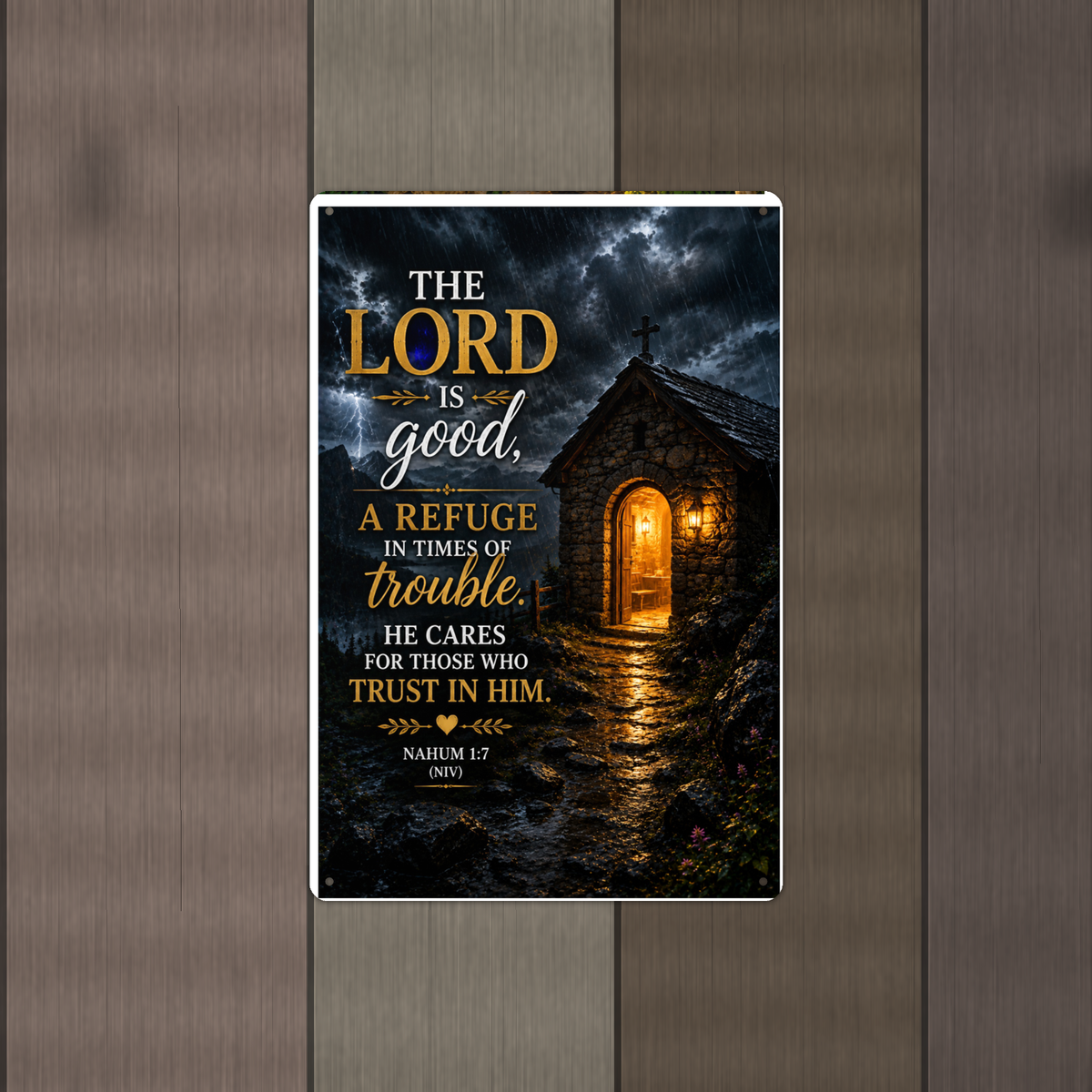 The Lord Is Good, A Refuge In Times Of Trouble - Nahum 1:7, Christian Metal Sign 8x12 & 12x18 — Alternate wall view