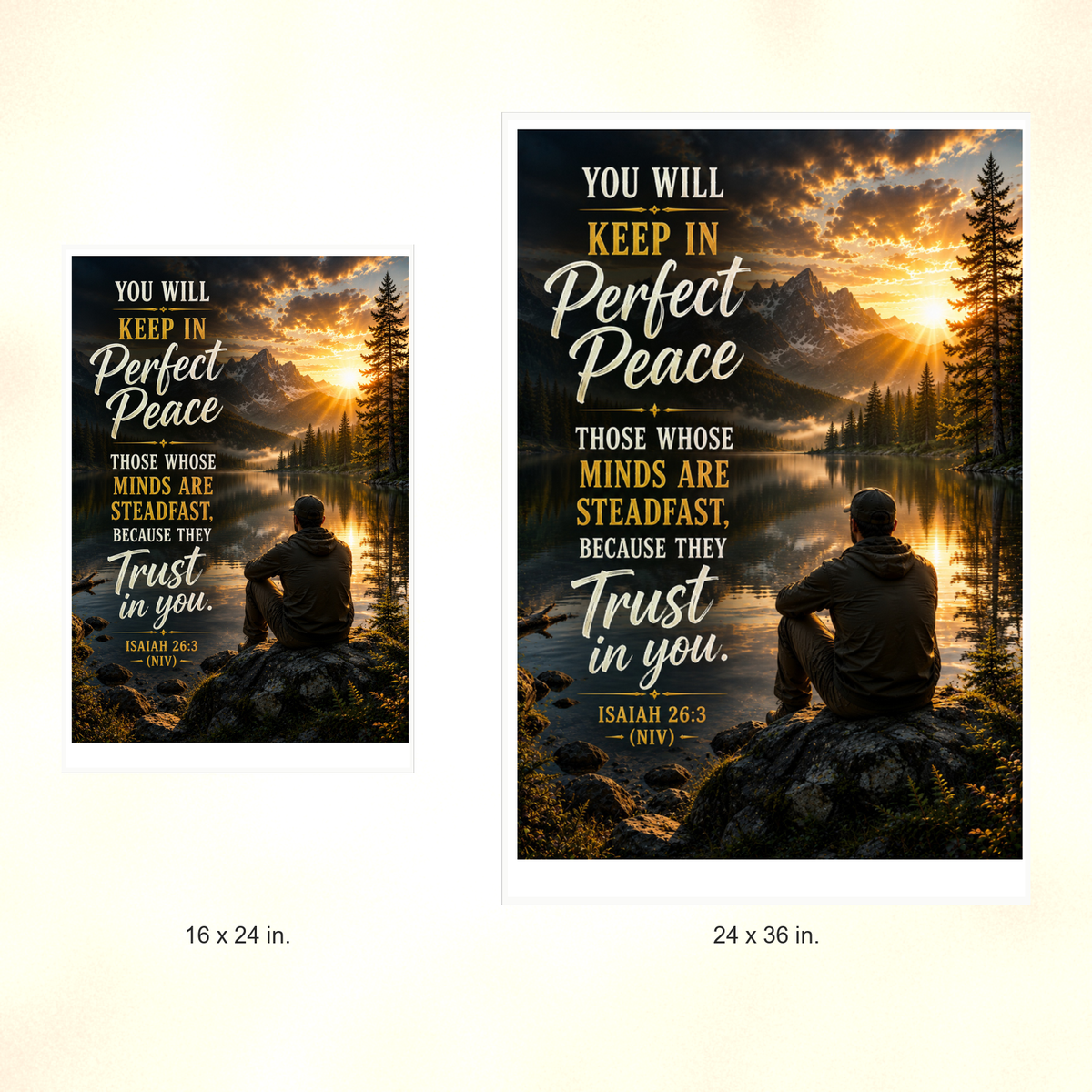 Poster size comparison: 16 x 24 inches and 24 x 36 inches, unframed.