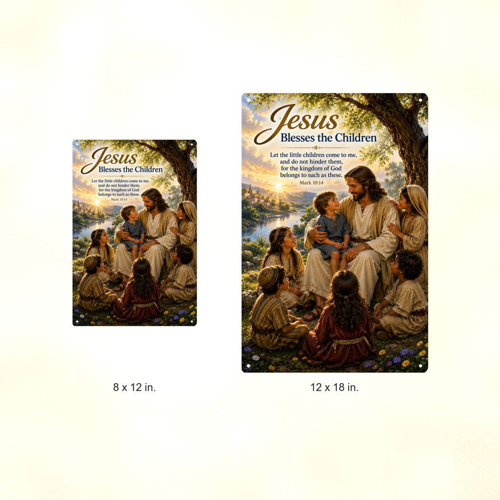 Jesus Blesses The Children - Mark 10:14, Christian Metal Sign 8x12 & 12x18 — Size options comparison