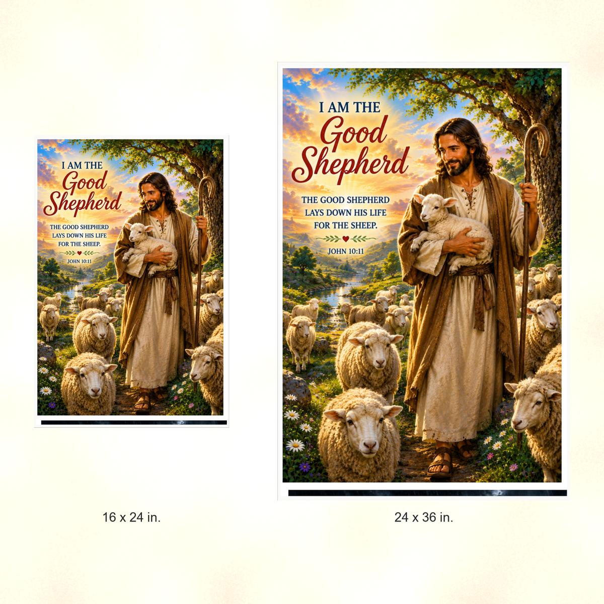 Poster size comparison: 16 x 24 inches and 24 x 36 inches, unframed.