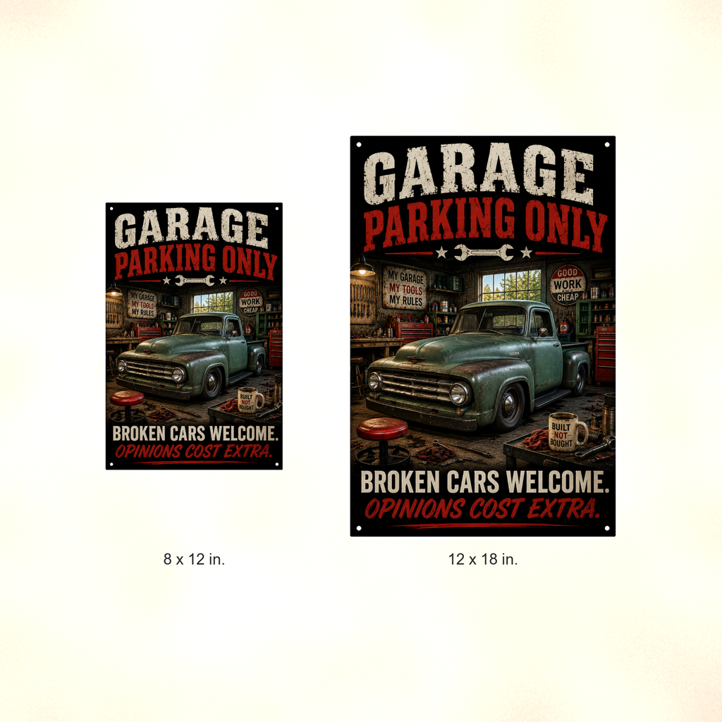 Garage Parking Only - Broken Cars Welcome, Funny Metal Sign 8x12 & 12x18 — Size options comparison