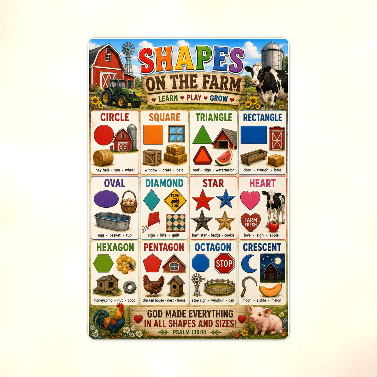 Shapes on the Farm - Psalm 139:14 Scripture, Kids Christian Metal Sign 8x12 & 12x18, Homeschool Classroom Decor — Print detail