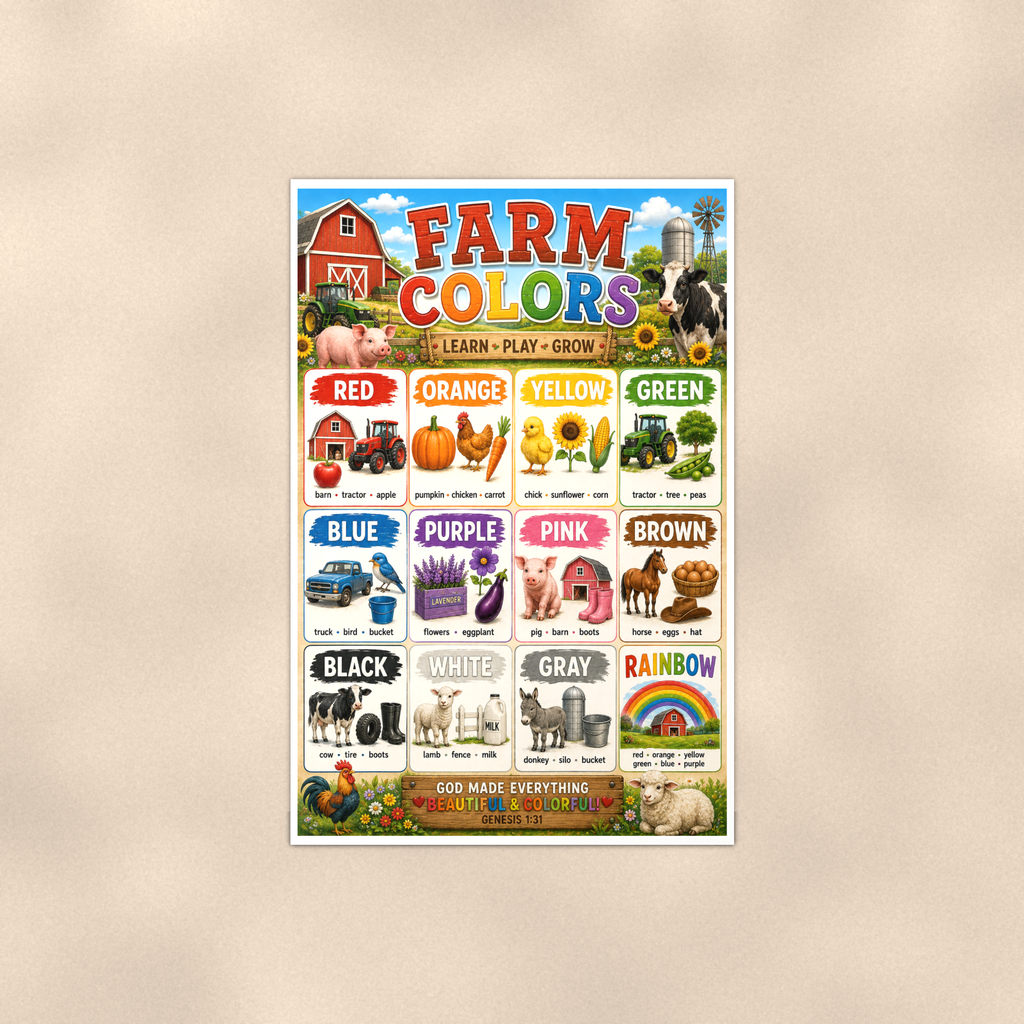 Farm Colors Poster 16x24 & 24x36 - Genesis 1:31 Scripture, Kids Christian Wall Art, Homeschool Classroom Decor — Full product view