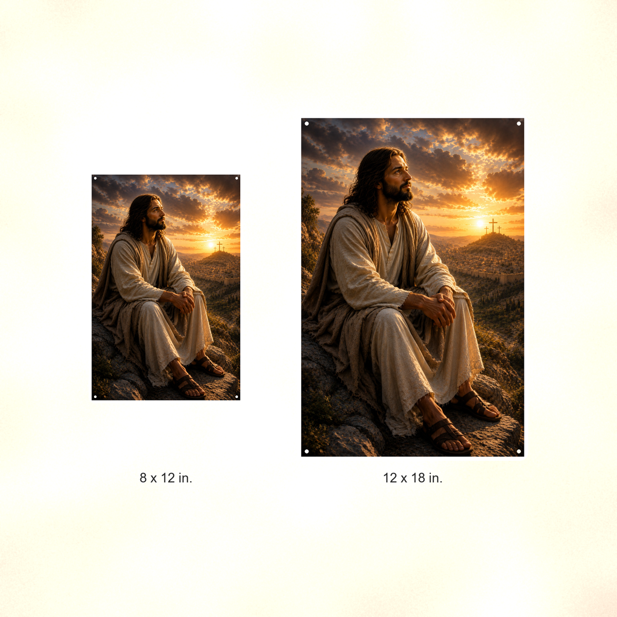 Jesus On The Hillside At Sunset - Christian Metal Sign 8x12 & 12x18 — Size options comparison