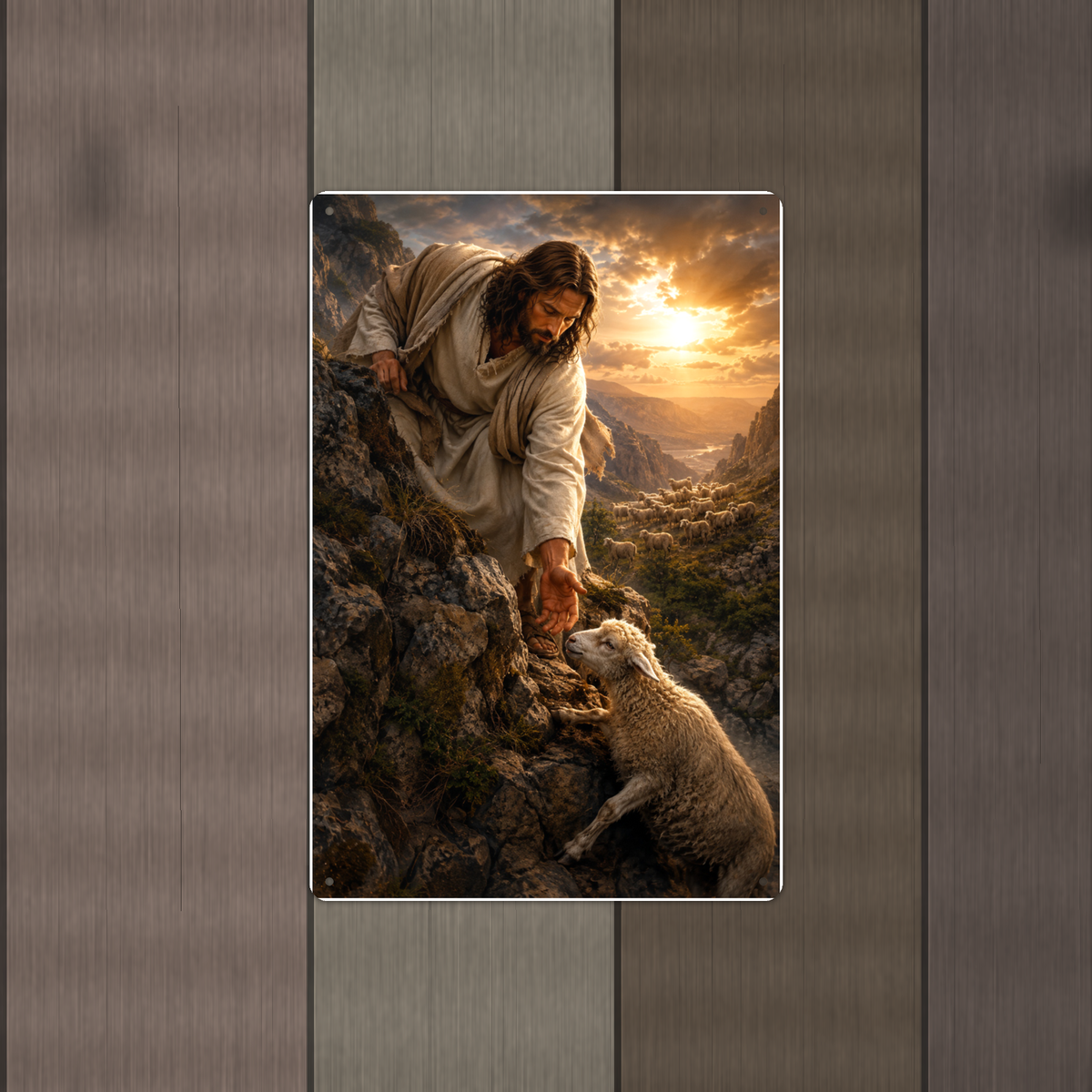 Jesus And The Lost Lamb - Christian Metal Sign 8x12 & 12x18 — Alternate wall view