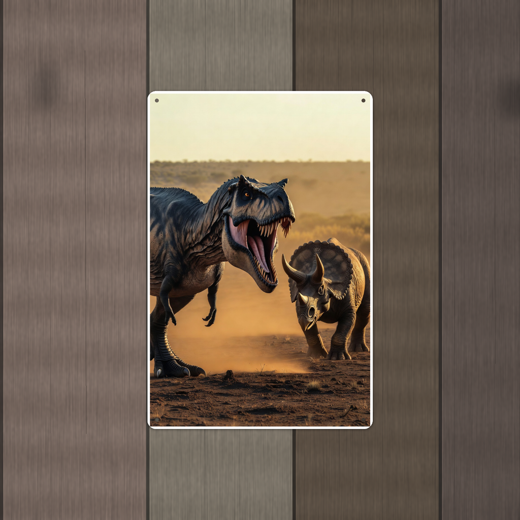 T-Rex Versus Triceratops - Dinosaur Metal Sign 8x12 & 12x18, Aluminum Decor — Alternate wall view