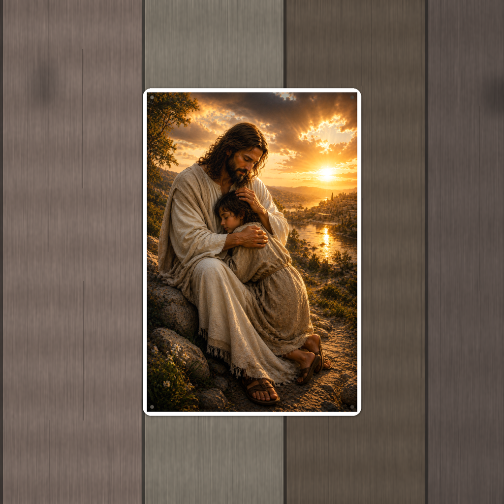 Jesus Comforting A Child - Christian Metal Sign 8x12 & 12x18 — Alternate wall view