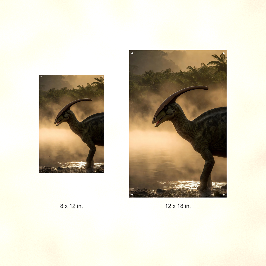 Parasaurolophus Misty River - Dinosaur Metal Sign 8x12 & 12x18, Aluminum Decor — Size options comparison