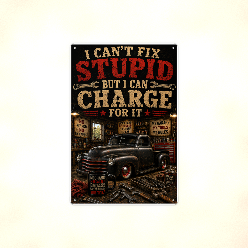 I Can't Fix Stupid But Charge For It - Funny Garage Metal Sign 8x12 & 12x18 — Full product view