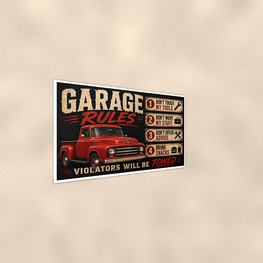 Garage Rules - Bring Snacks, Violators Towed, Funny Poster 16x24 & 24x36 — Alternate wall view