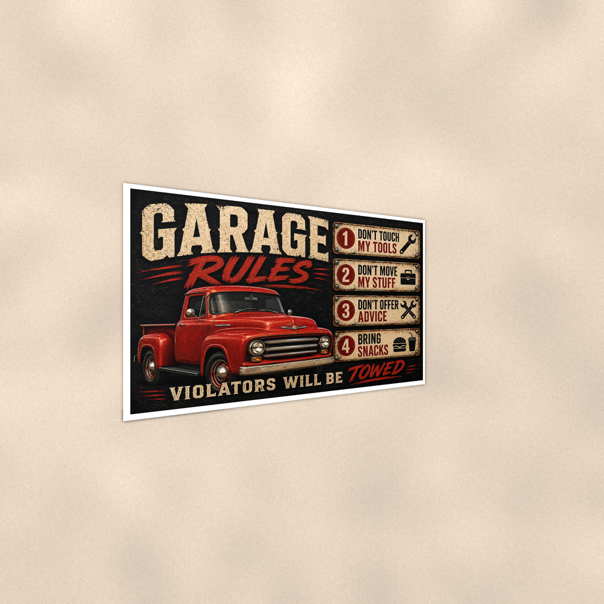Garage Rules - Bring Snacks, Violators Towed, Funny Poster 16x24 & 24x36 — Alternate wall view
