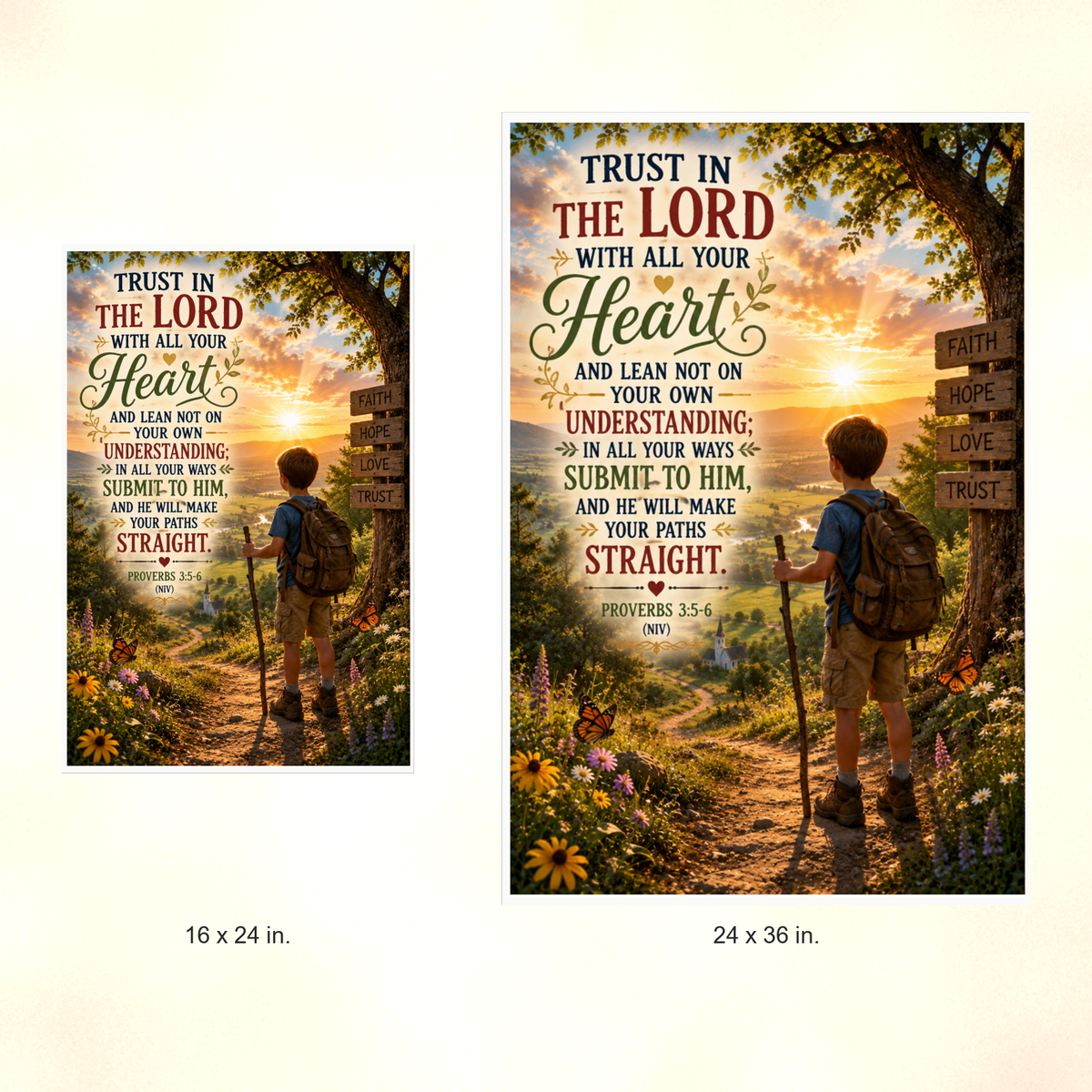 Poster size comparison: 16 x 24 inches and 24 x 36 inches, unframed.