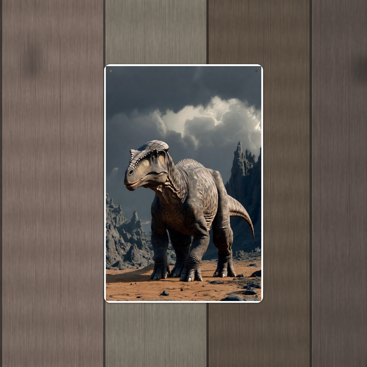 Dome Head Dinosaur, Storm Mountain Scene - Metal Sign 8x12 & 12x18 — Alternate wall view