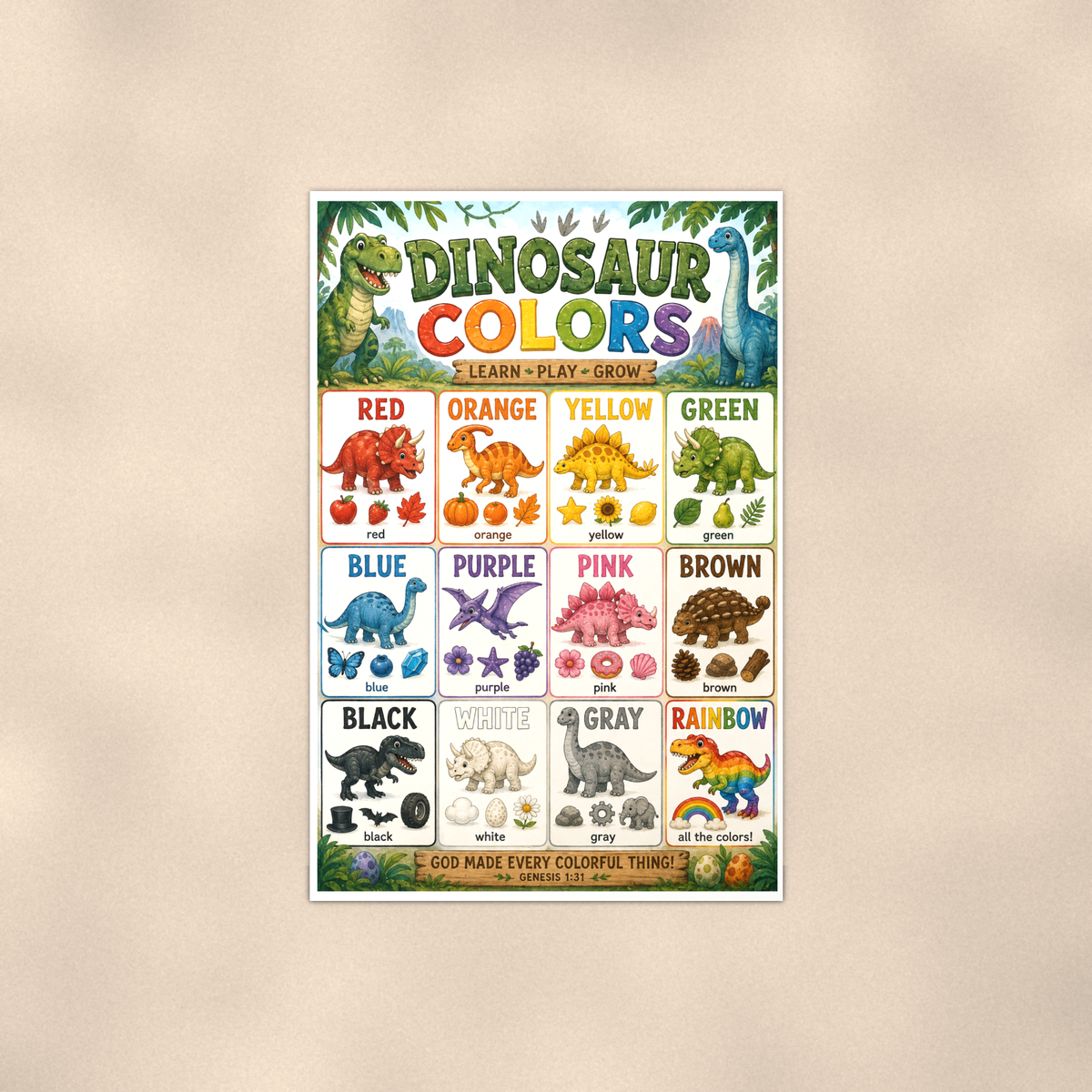 Dinosaur Colors Poster 16x24 & 24x36 - Genesis 1:31 Scripture, Kids Christian Wall Art, Homeschool Classroom Decor — Full product view