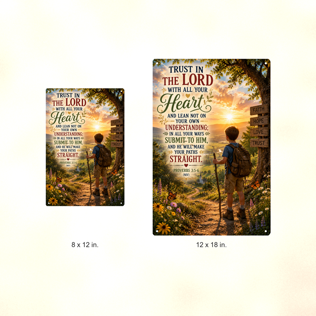 Trust In The Lord With All Your Heart - Proverbs 3:5-6, Christian Metal Sign 8x12 & 12x18 — Size options comparison