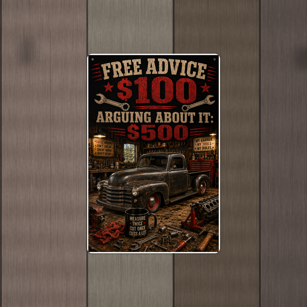 Free Advice, Arguing Costs Extra - Funny Garage Metal Sign 8x12 & 12x18 — Alternate wall view