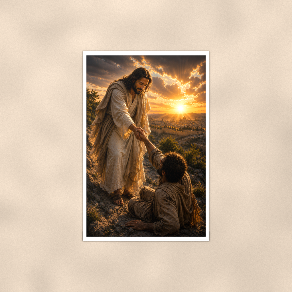Jesus Lifting A Fallen Man - Christian Poster 16x24 & 24x36 — Full product view
