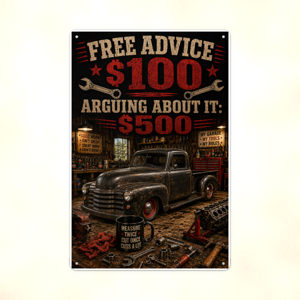Free Advice, Arguing Costs Extra - Funny Garage Metal Sign 8x12 & 12x18 — Print detail
