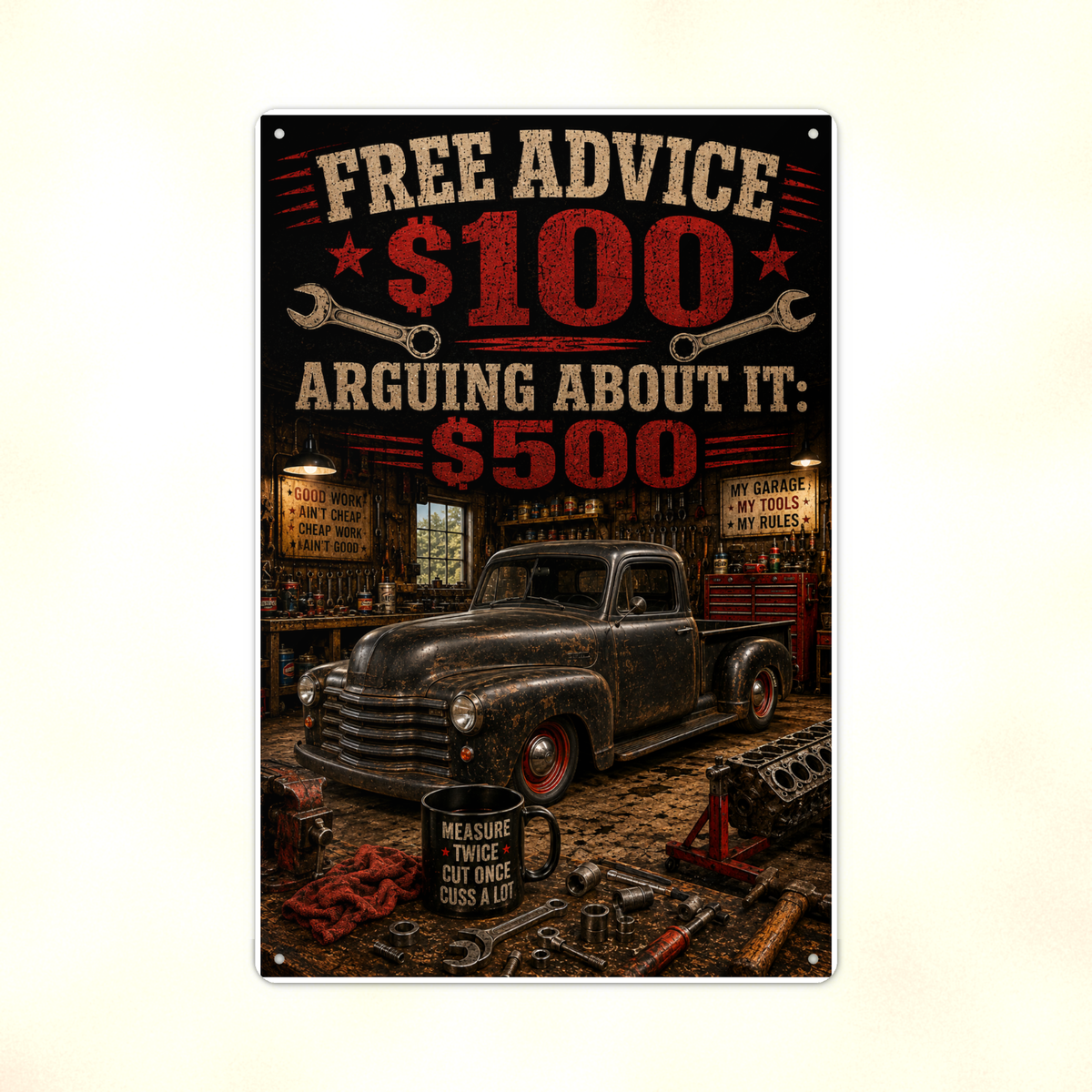 Free Advice, Arguing Costs Extra - Funny Garage Metal Sign 8x12 & 12x18 — Print detail