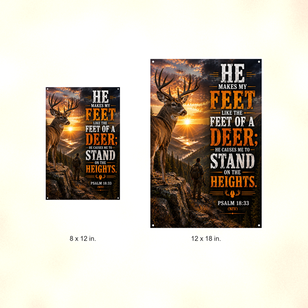 He Makes My Feet Like The Deer - Psalm 18:33, Christian Metal Sign 8x12 & 12x18 — Size options comparison