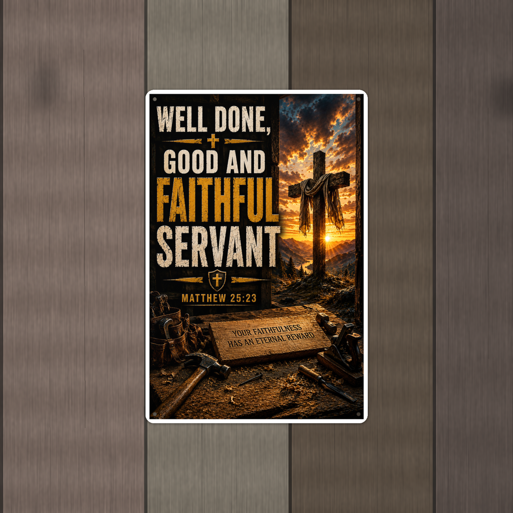 Well Done, Good And Faithful Servant - Matthew 25:23, Christian Metal Sign 8x12 & 12x18 — Alternate wall view