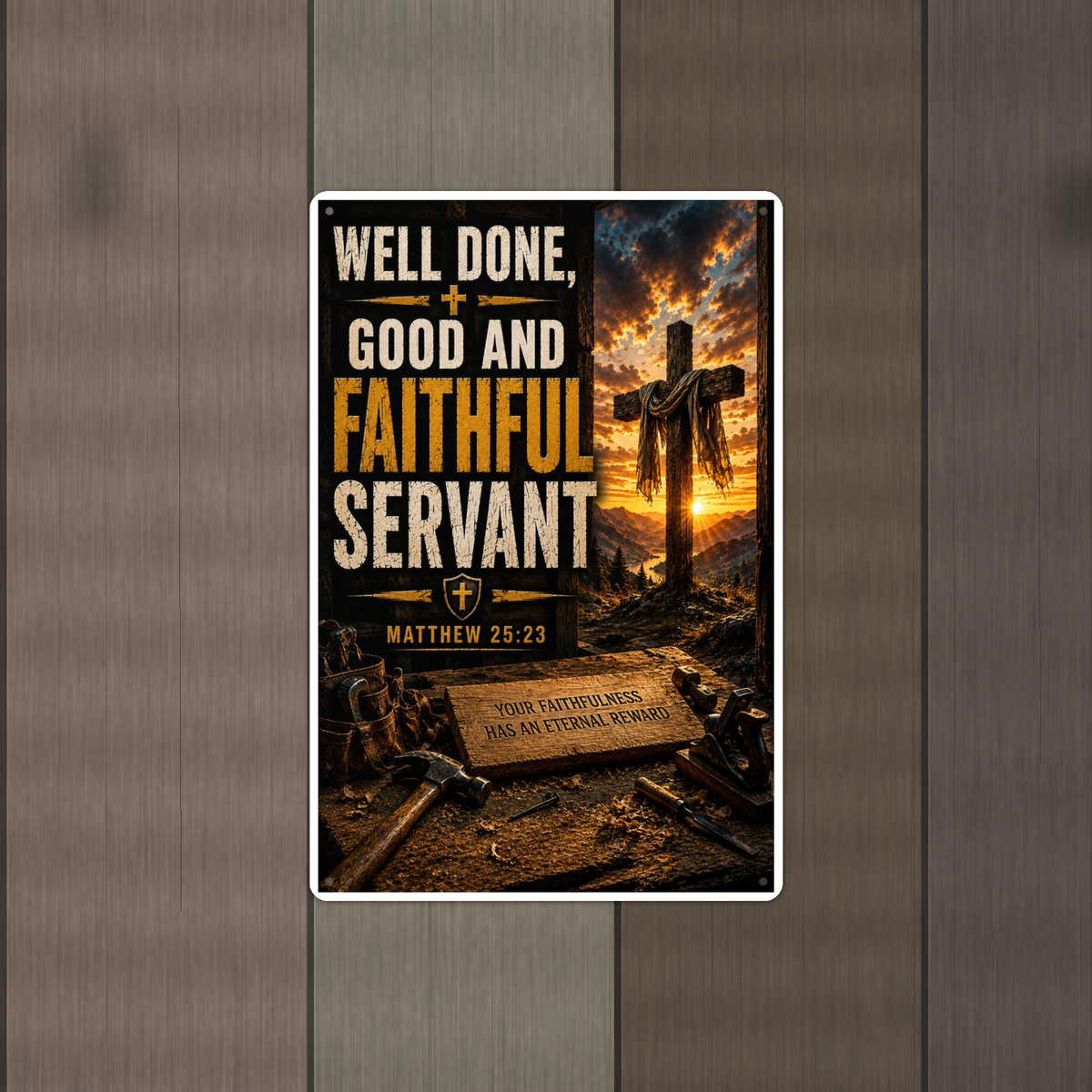 Well Done, Good And Faithful Servant - Matthew 25:23, Christian Metal Sign 8x12 & 12x18 — Alternate wall view