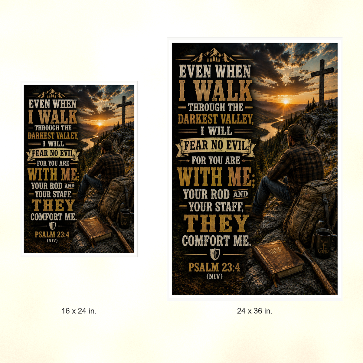 Poster size comparison: 16 x 24 inches and 24 x 36 inches, unframed.