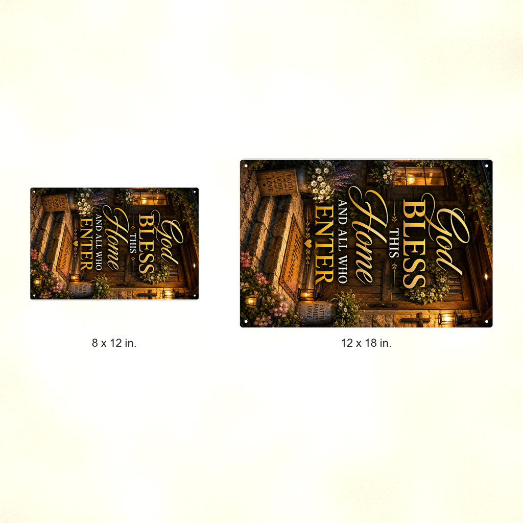 God Bless This Home And All Who Enter - Christian Metal Sign 8x12 & 12x18 — Size options comparison