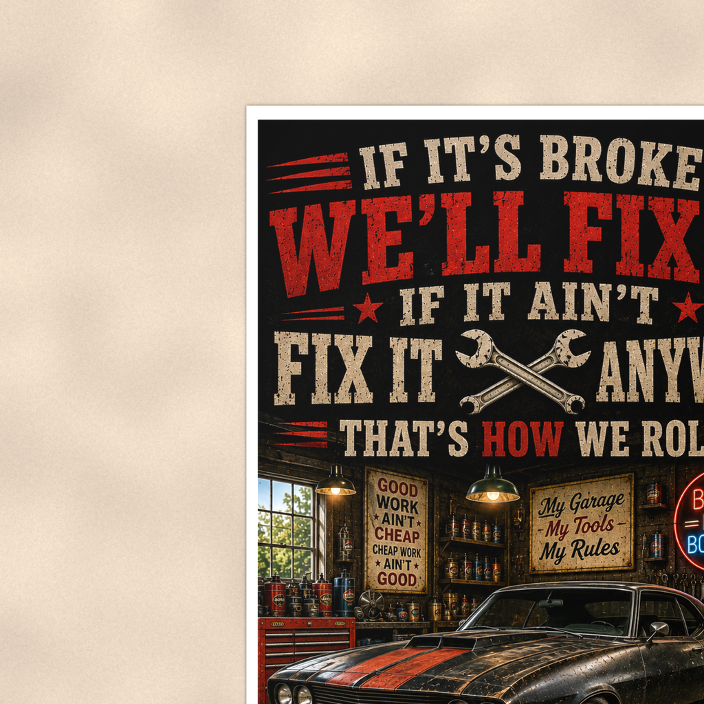 If Broke We'll Fix It Anyway - Funny Garage Poster 16x24 & 24x36 — Context view