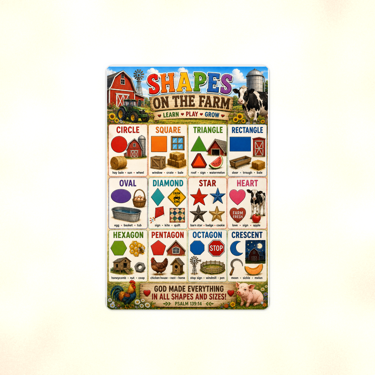 Shapes on the Farm - Psalm 139:14 Scripture, Kids Christian Metal Sign 8x12 & 12x18, Homeschool Classroom Decor — Full product view