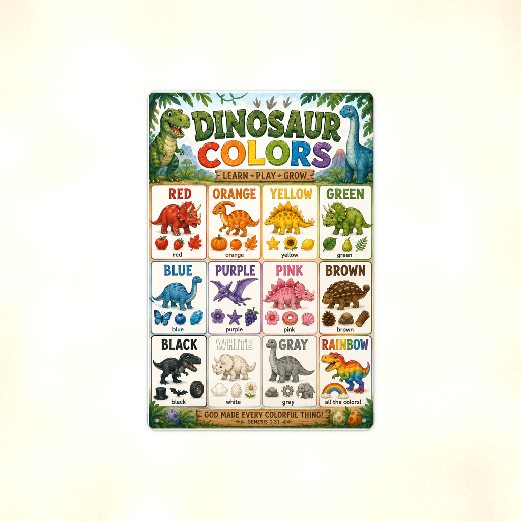 Dinosaur Colors - Genesis 1:31 Scripture, Kids Christian Metal Sign 8x12 & 12x18, Homeschool Classroom Nursery Decor — Full product view