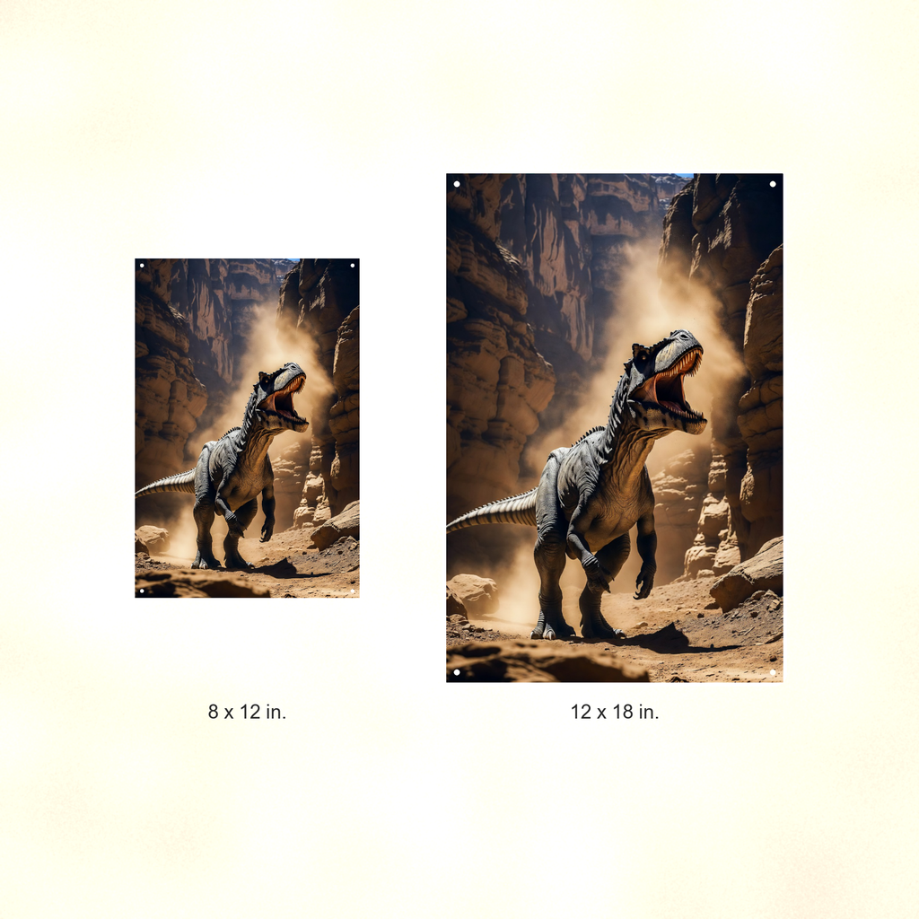 Roaring Dinosaur Canyon Scene - Metal Sign 8x12 & 12x18, Aluminum Decor — Size options comparison