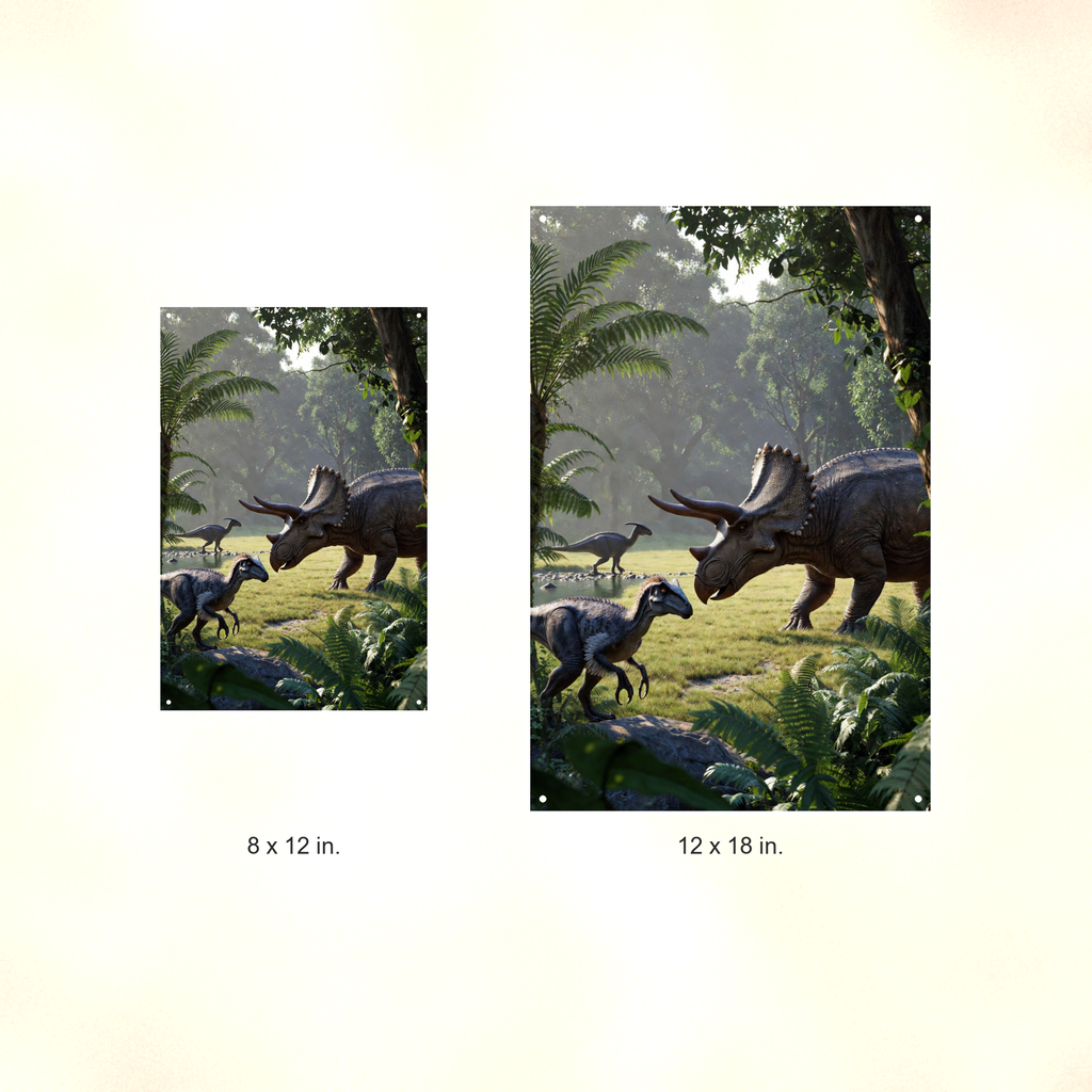 Triceratops Waterhole Scene - Dinosaur Metal Sign 8x12 & 12x18, Aluminum Decor — Size options comparison
