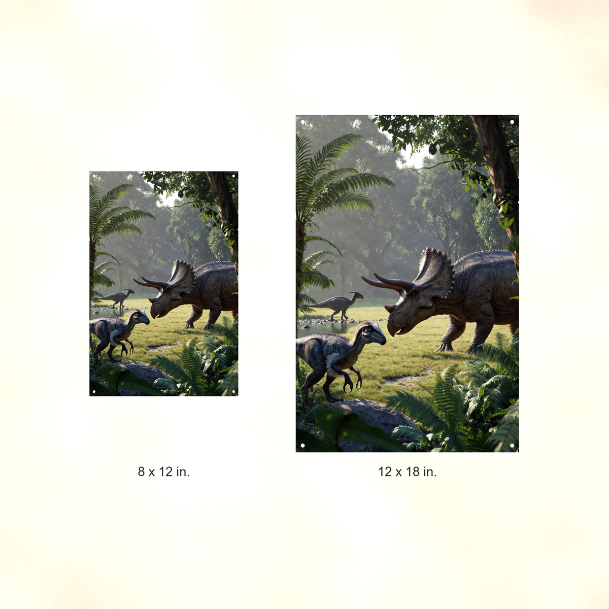 Triceratops Waterhole Scene - Dinosaur Metal Sign 8x12 & 12x18, Aluminum Decor — Size options comparison