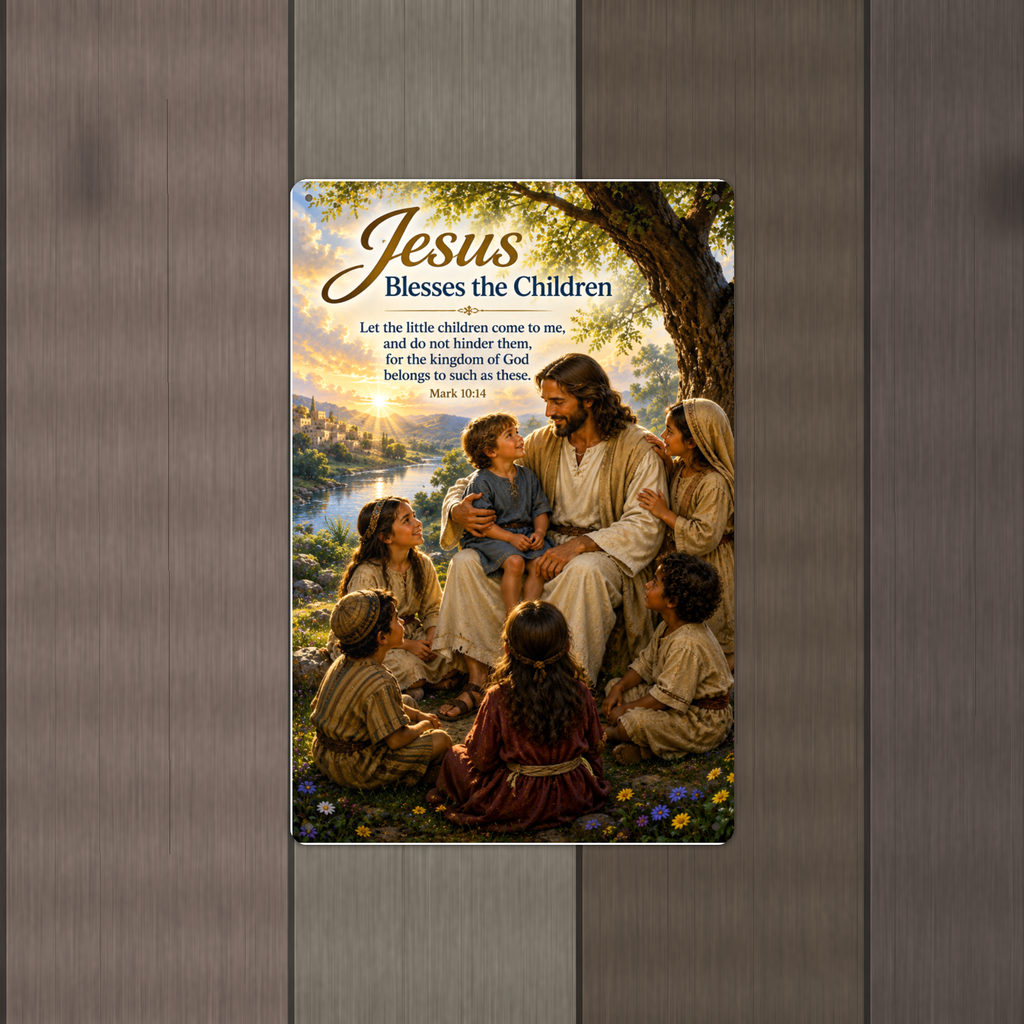 Jesus Blesses The Children - Mark 10:14, Christian Metal Sign 8x12 & 12x18 — Alternate wall view